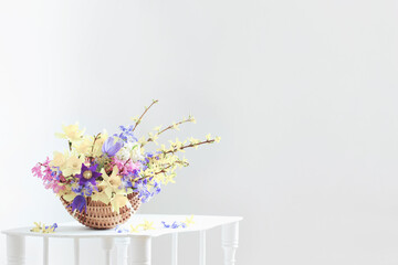 spring flowers in basket on white interior