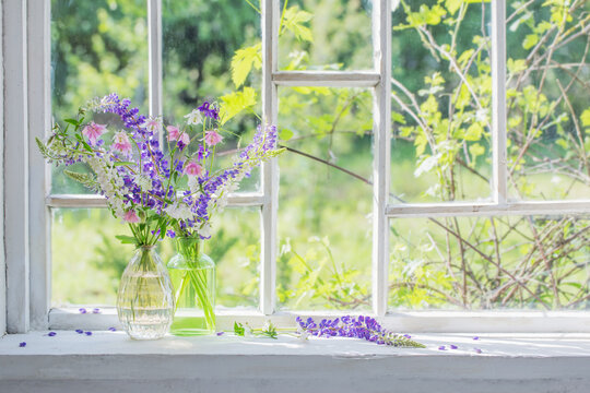 Fototapeta summer flowers in vase on windowsill in sunlight