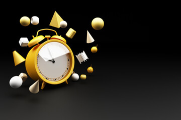 Yellow Alarm Clock surrounding by a lot of geometric shape yellow 3d rendering