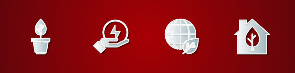 Set Plant in pot, Lightning bolt, Earth globe and leaf and Eco friendly house icon. Vector.