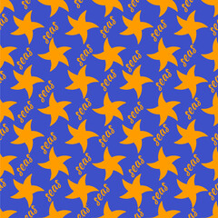 Best and brightest abstract stars seamless pattern. With the inscription sea. Orange on a blue background.