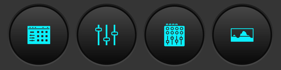 Set Drum machine, Music equalizer, Sound mixer controller and wave icon. Vector. © vector_v