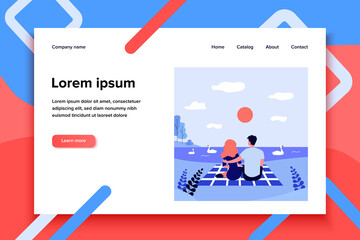 Happy couple sitting near lake on sunset. Water, date, swan flat vector illustration. Relationship and love concept for banner, website design or landing web page