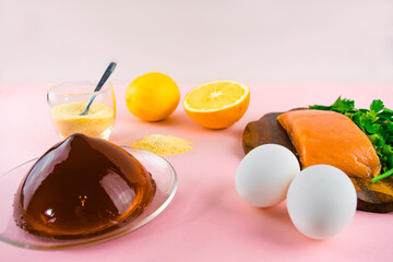 Foods containing collagen and are necessary for its synthesis. Proper nutrition. Light pink background. Copy space.