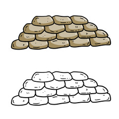 Barricade of sandbags. Fortified point. Defense construction. Modern warfare. Outpost and barrier. Set of cartoon illustration. Wall of the bag