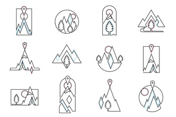 Set of conceptual clean mountains and camping icons/logos