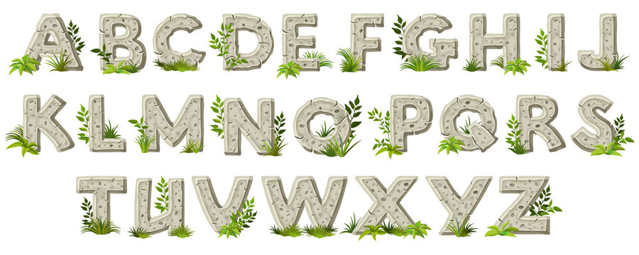 Cartoon rock alphabet font with leaves and grass. Stone age writing. Capital letters isolated on white background. Vector objects.