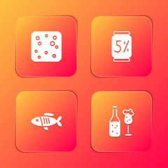 Set Beer bubbles, can, Dried fish and bottle and glass icon. Vector.