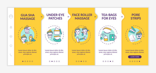 At-home facial treatment procedures onboarding vector template. Gua sha massage. Face roller. Pore strips. Responsive mobile website with icons. Webpage walkthrough step screens. RGB color concept