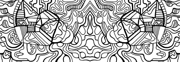 Fantastic cyberpunk psychedelic abstract coloring page. Vector surreal monochrome fantasy illustration.