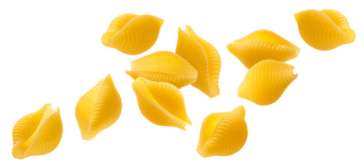 Falling striped shell pasta isolated on white background