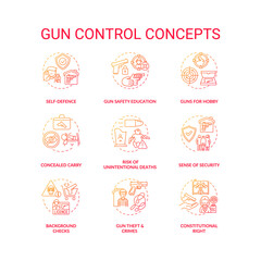 Gun control red gradient concept icons set. Self defense. Safety education. Concealed carry. Firearm regulation idea thin line RGB color illustrations. Vector isolated outline drawings