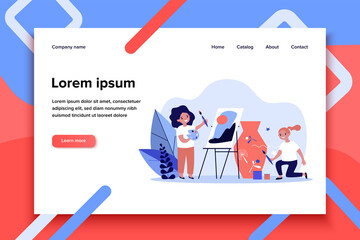 Happy artistic school students. Kids painting picture and decorating clay vase flat vector illustration. Drawing studio, workshop concept for banner, website design or landing web page