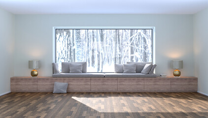 A cozy bench at a large panoramic window with built-in storage space. On the outside a winter landscape with trees. 3d render