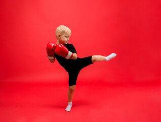 a little boy boxer stands sideways in red boxing gloves and makes a kick on a red background with...