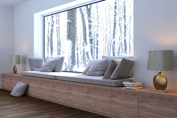 A cozy bench at a large panoramic window with built-in storage space. On the outside a winter...