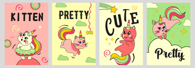 Unicorn cat posters set. Funny cartoon baby kitten with rainbow horn and tail on clouds vector illustrations with text. Fairytale, magic animal, imaginary concept for flyers and brochures design