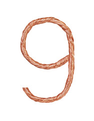 Number 9 made of copper wire  isolated on white background