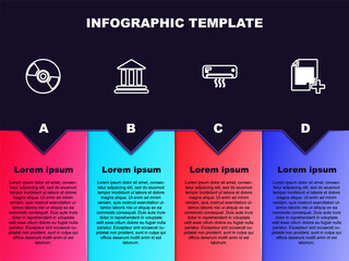 Set line CD or DVD disk, Bank building, Air conditioner and Add new file. Business infographic template. Vector.