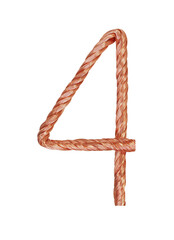 Number 4 made of copper wire  isolated on white background
