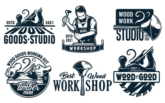 Set of emblems with equipment for wood workshop or joiner craft studio. Carpenter tool for repair, professional carpentry work