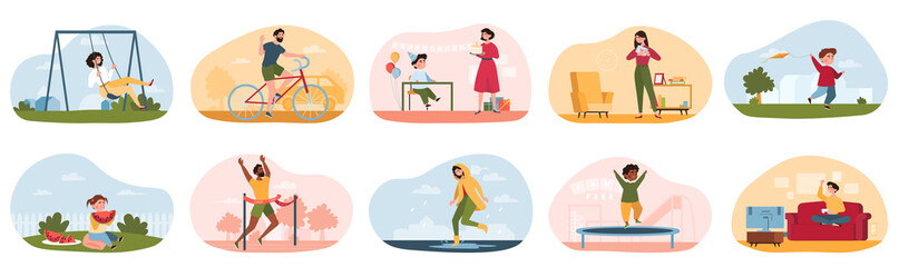 Summer outdoor and indoor recreation. Fictional characters swinging on swing, walking in rain, jumping on trampoline and so on. Set of cartoon flat vector illustrations isolated on white background.
