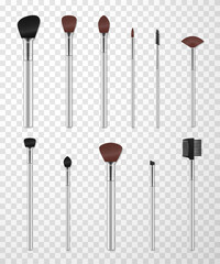 Make up tools kit with silver plastic rods realistic set. Cosmetics brushes, brow wand.