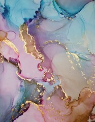 Naklejki  Multicolor ink fluid art with gold. Blue, pink, violet paints mix.