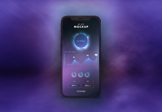 Smartphone Pro Mockup in Dark Mode with a Purple Smoke Background
