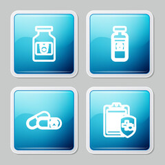 Set line Dog medicine bottle, Pets vial medical, and pills and Clinical record pet icon. Vector.