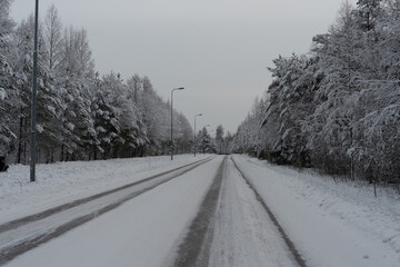 Snowy road. Concept, attention danger on the road