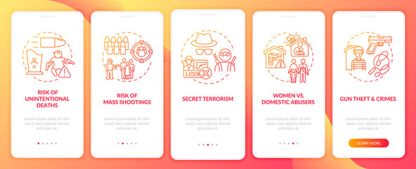Risk of shooting red onboarding mobile app page screen with concepts. Gun control and regulation walkthrough 5 steps graphic instructions. UI vector template with RGB color illustrations