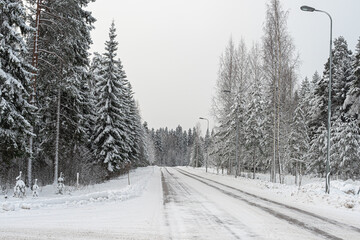 Snowy road. Concept, attention danger on the road