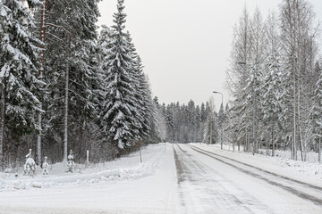 Snowy road. Concept, attention danger on the road