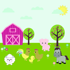 illustration with farm house, lawn, farm animals, sheep, pig, horse, chicken, rooster and apple trees