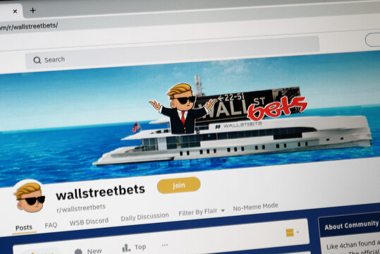 Mainz, Germany - January 29, 2021: A close up on a computer screen shows the frontpage and icon of the Wallstreetbets group, on the Reddit internet site.