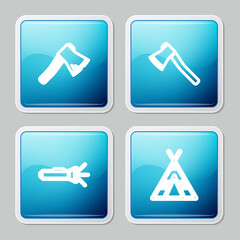 Set line Old wooden axe, Wooden, Flashlight and Tourist tent icon. Vector.