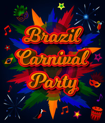 Brazil Carnival Party Poster Vector Illustration. Graphic resource for flyer, invite, website and social media post. Typography, fireworks, mask, drums, flag, decoration and music. Abstract background