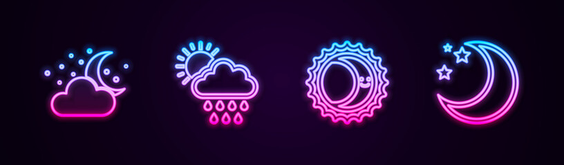 Set line Cloud with moon and stars, rain sun, Eclipse of the and Moon. Glowing neon icon. Vector.