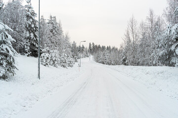 Snowy road. Concept, attention danger on the road