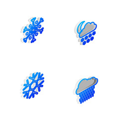 Set Isometric line Cloud with snow and moon, Snowflake, and rain icon. Vector.