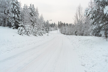 Snowy road. Concept, attention danger on the road