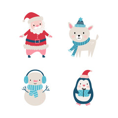 Christmas set in hand drawn style includes animals, santa and other elements. Vector illustration.