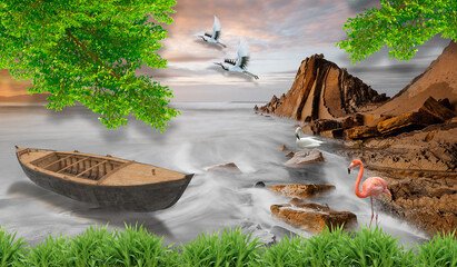 beautiful 3d wallpaper with bird and boat