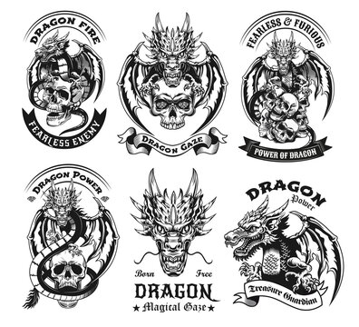 Monochrome Chinese dragon with skull labels vector illustration set. Retro emblems with powerful magical dragon. Mythology and fantastic creature concept can be used for retro template