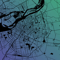 Harbin, Heilongjiang, China (CHN) - Urban vector megacity map with parks, rail and roads, highways, minimalist town plan design poster, city center, downtown, transit network, gradient blueprint