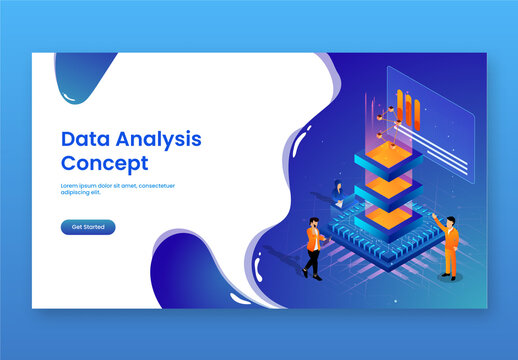 Web Landing Page Design with Isometric Illustration of Business People and Big Data Server for Data Analysis Concept