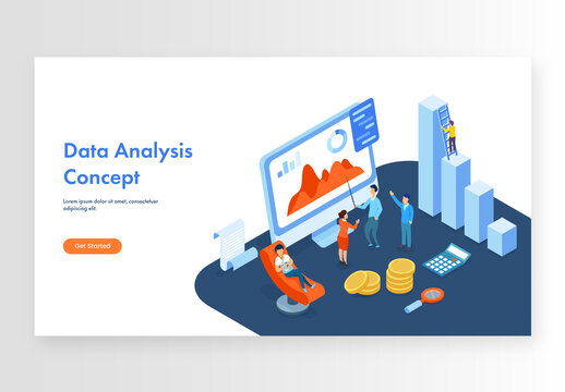 Landing Page Design with Isometric View of Analysts Analysis the Data in Desktop and Financial Infograph for Data Analysis Concept