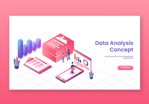 Landing Page Design with Business People or Analyst Analysis the Data and Info-Graphic Paper for Data Analysis Concept Based Isometric Design