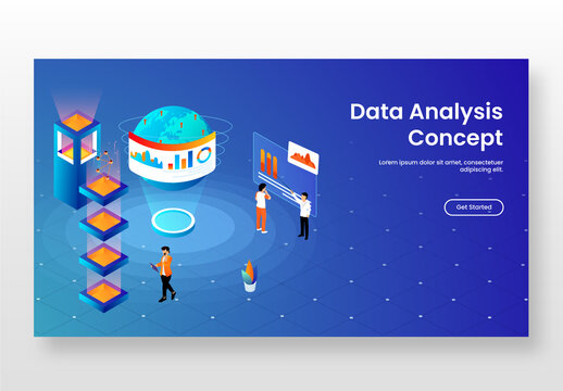 Landing Page Design, Business People Maintain Infographic Website with Global Networking and Server Layer for Data Analysis Concept